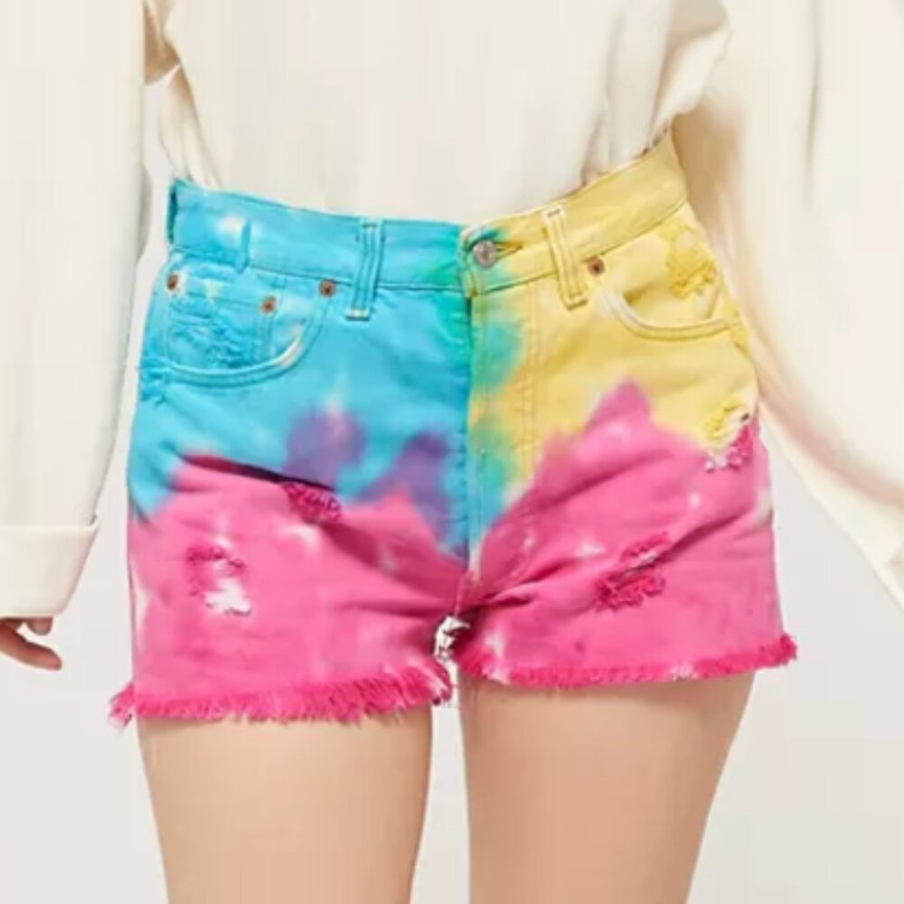 Levi's Vintage Tie Dye Denim High Rise Cut Off Jean Shorts Pink Blue Yellow